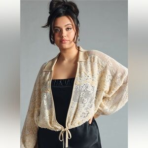 Anthropologie Cropped Lace Cardigan Sweater in Beige